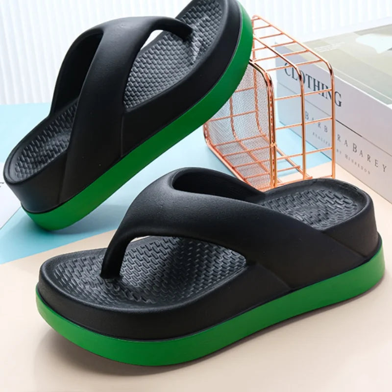 SHOWLU Women's platform flip flops with non-slip soles, casual summer sandals in neutral color, featuring comfortable footbed design.