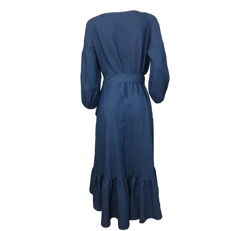 Elegant blue V-neck women’s dress with ruffles, lantern sleeves, and lace-up detail, perfect for spring and summer parties.