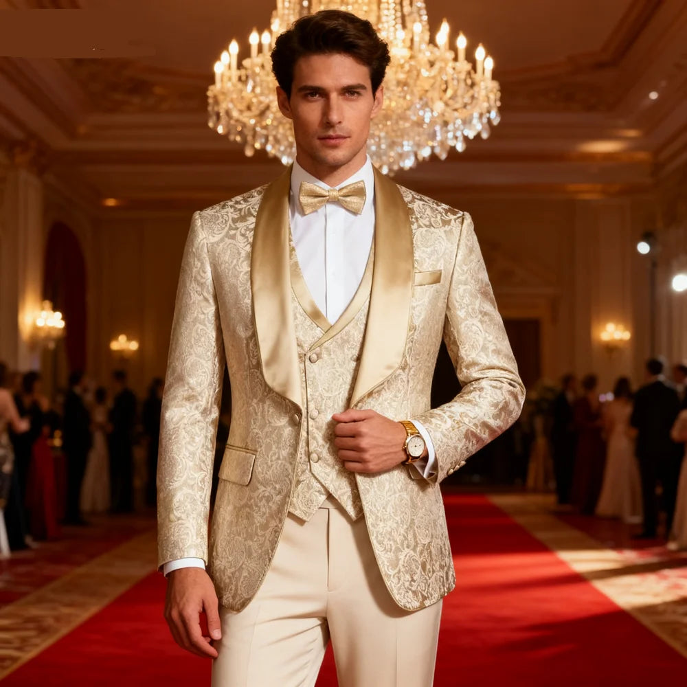 Elegant champagne jacquard men's tuxedo set with Xale lapel blazer, perfect for groom or best man wedding formal wear.