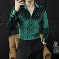 Luxury shiny plaid velvet men's long sleeve dress shirt from Showlu Fashion, perfect for autumn, winter, casual or party wear.