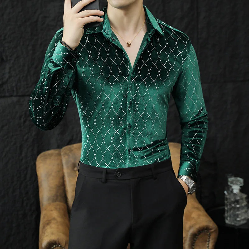 Luxury shiny plaid velvet men's long sleeve dress shirt from Showlu Fashion, perfect for autumn, winter, casual or party wear.