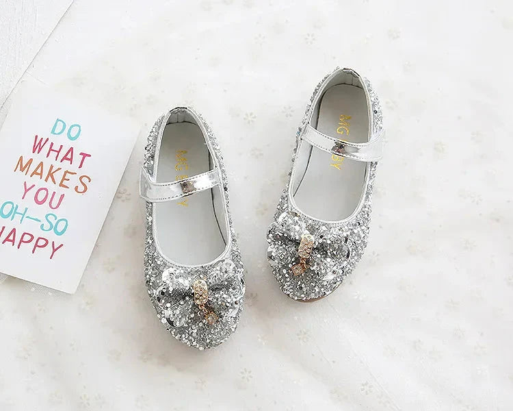 Showlu Girls sequin rhinestone princess flats in pink PU leather, stylish kids shoes with sparkling embellishments.