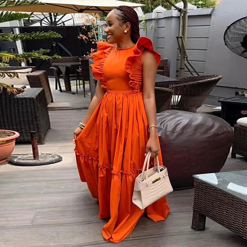 Elegant women's summer swing dress with flounce short sleeves, round neck, and waist fit, perfect for casual or elegant occasions.