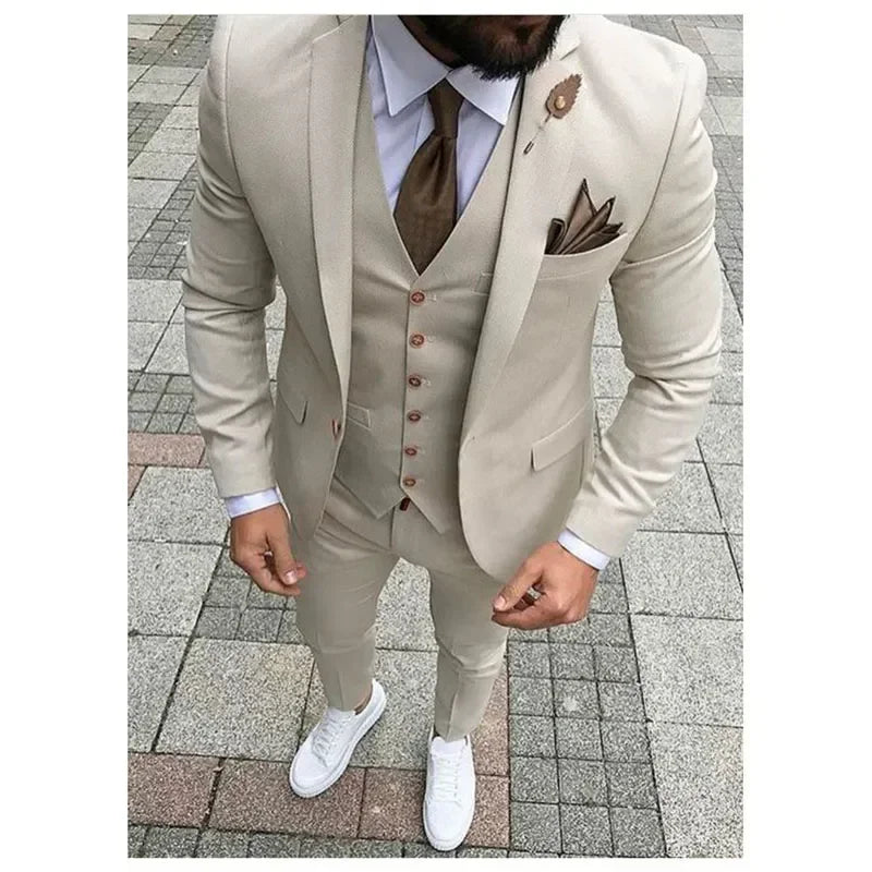 Men's olive green 3-piece slim fit suit with notch lapel, designed for formal occasions, by SOLOVEDRESS.