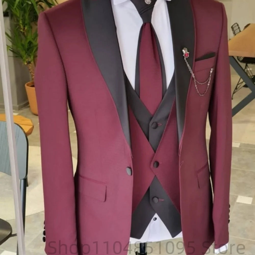 Men's solid slim fit 3-piece business suit set with blazer, vest, and pants, ideal for formal weddings and luxury fashion.