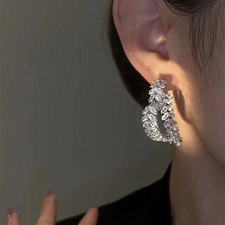 DINGABIYU zircon flower stud earrings with crystal leaf design, showcasing elegant jewelry style and sparkling gemstone details