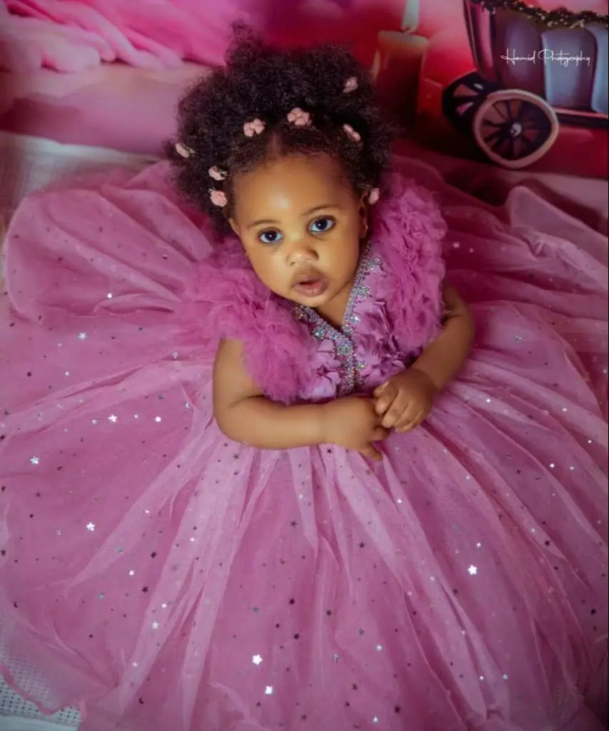 Dusty Pink Girls Birthday Party Dress Customized Tulle Flower Girl Dresses Short Sleeve Princess Queen Ball Gown for Photoshoot