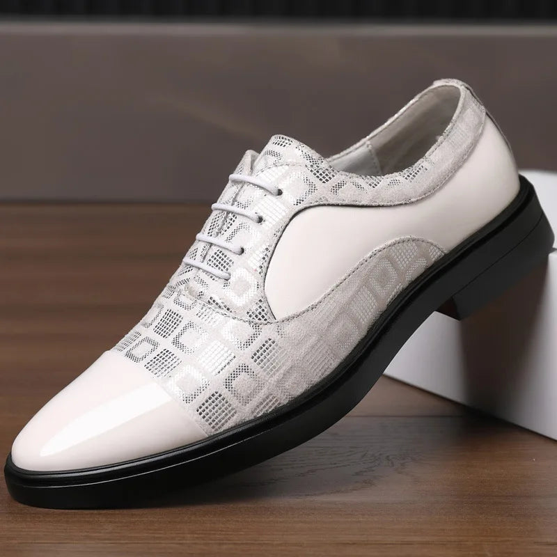 Elegant men's patent leather dress shoes with pointed toes, formal oxford style, featuring sleek black design from Showlu Fashion Store.