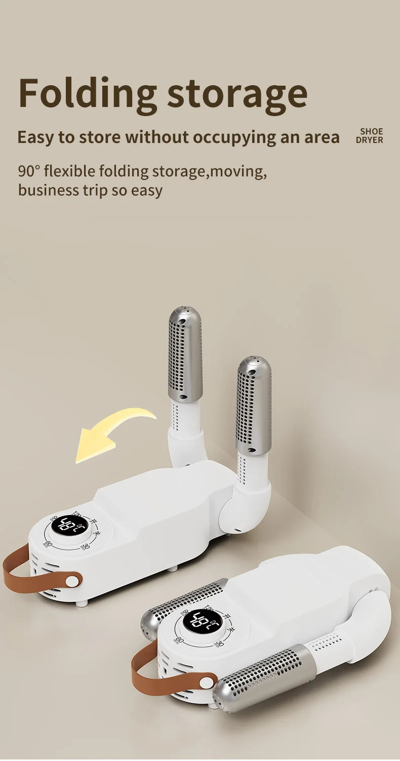 Showlu Smart Electric Shoe Dryer with 150W power, portable design, deodorizer function, and timer for quick, efficient shoe drying.