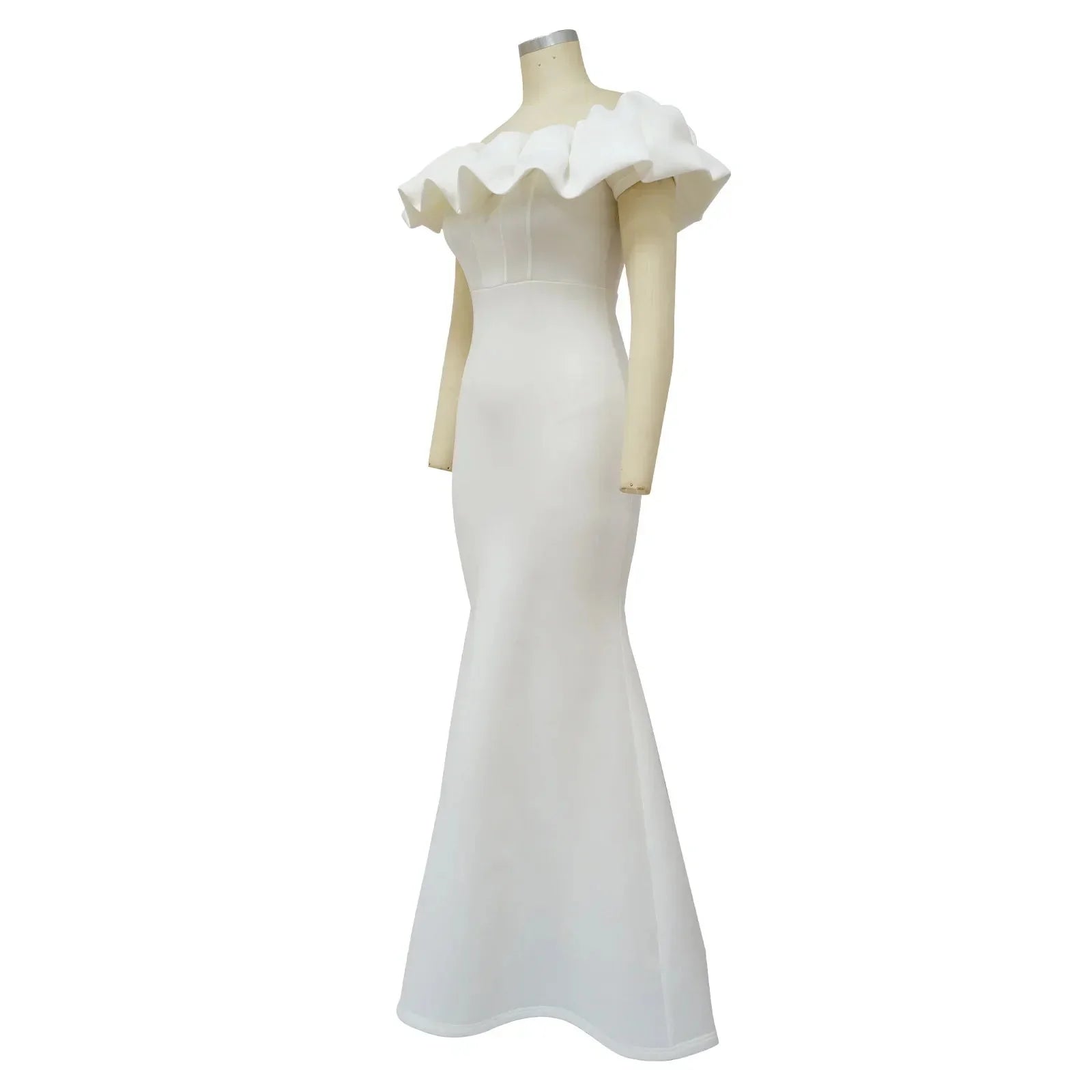 White off-shoulder ruched mermaid evening gown by SHOWLU FASHION STORE, elegant wedding guest dress with fitted silhouette and flowy hem.