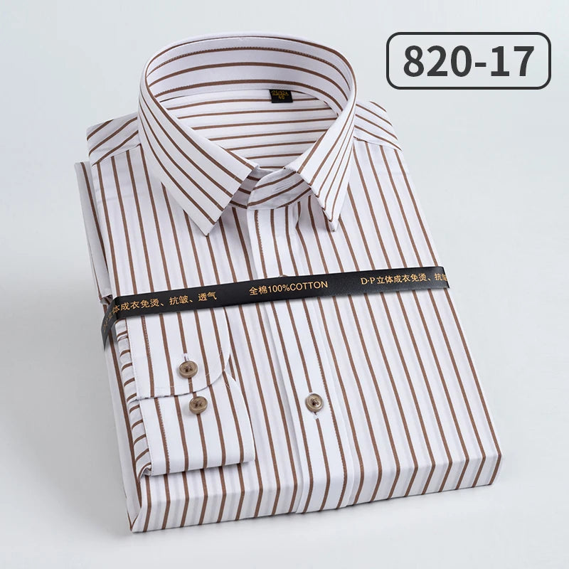 Men's slim fit cotton long sleeve shirt with striped pattern, heterochromatic collar, wrinkle-resistant, high-end light luxury style.