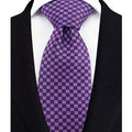 Purple men's necktie with floral plaid jacquard weave, featuring striped pattern, ideal for business or wedding attire.