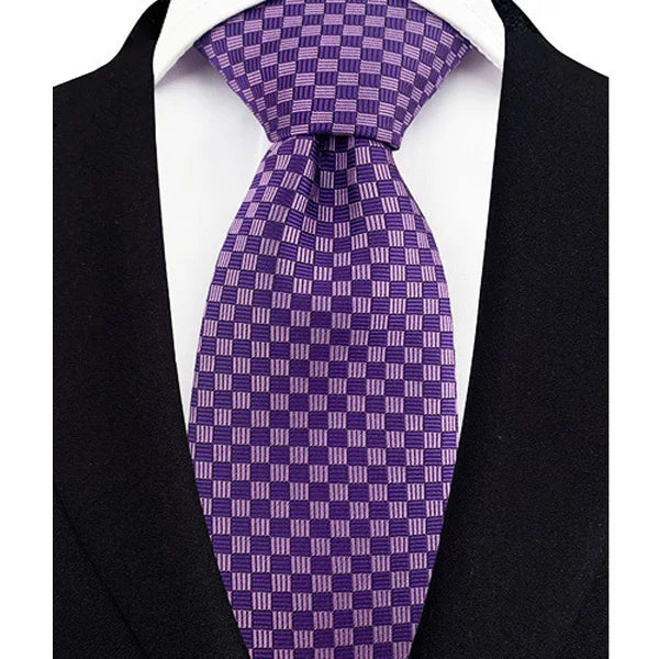 Purple men's necktie with floral plaid jacquard weave, featuring striped pattern, ideal for business or wedding attire.