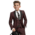 Navy blue boys tuxedo 3-piece suit with blazer, pants, and vest, suitable for wedding or formal events for ages 2-16.