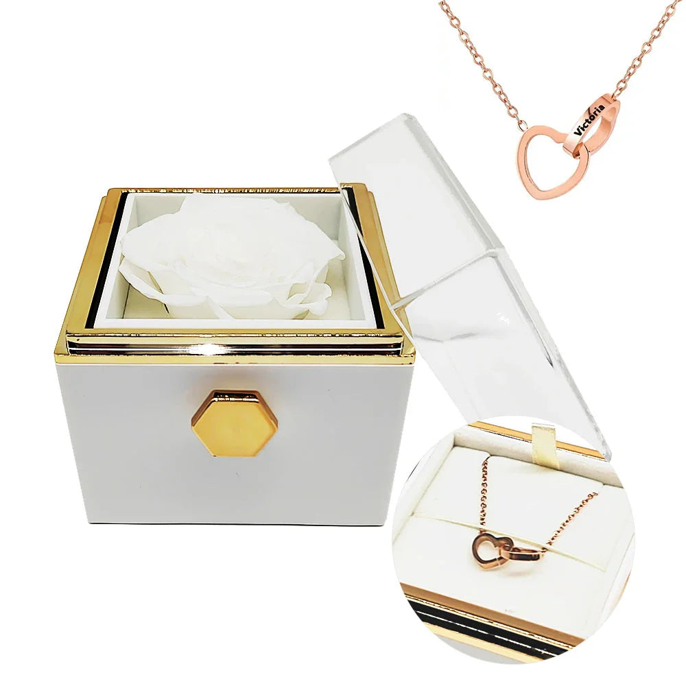 Engraved interlocking heart necklace and eternal rose in a decorative box from Showlu Fashion Store.