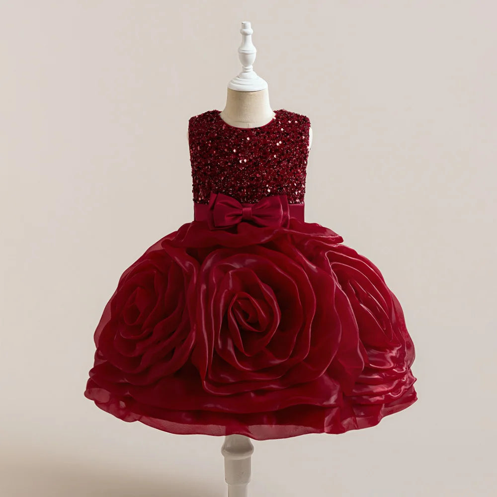 Elegant 3D flower party girl dress with sequin tulle, bow detail, suitable for birthdays, weddings, and special occasions.