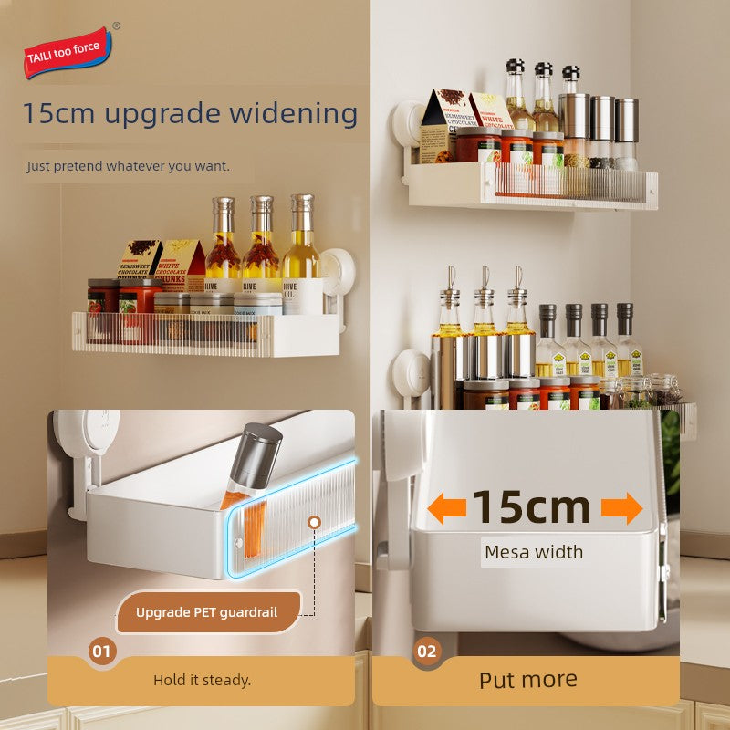 Taili Suction Cup Wall Hanging Storage Rack with Nordic seasoning shelf, shown mounted on a kitchen wall for organized spice storage.