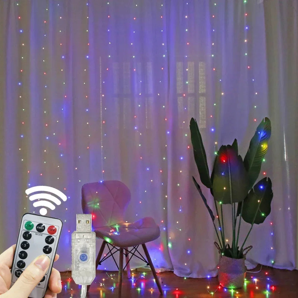 Showlu Smart General LED curtain fairy lights hanging with warm glowing bulbs for decorative indoor or outdoor use.