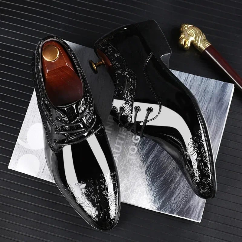 Men's luxury patent leather Oxford shoes with pointed toe, wedding derbies by Showlu Fashion Store, stylish formal footwear.