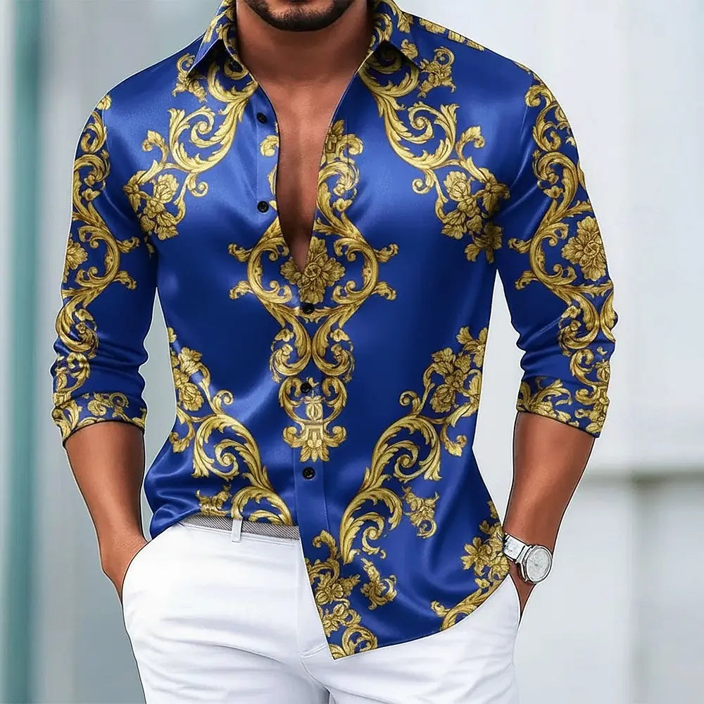 Men's long sleeve 3D floral graphic shirt with vintage European art print, modern streetwear style for autumn winter casual wear.