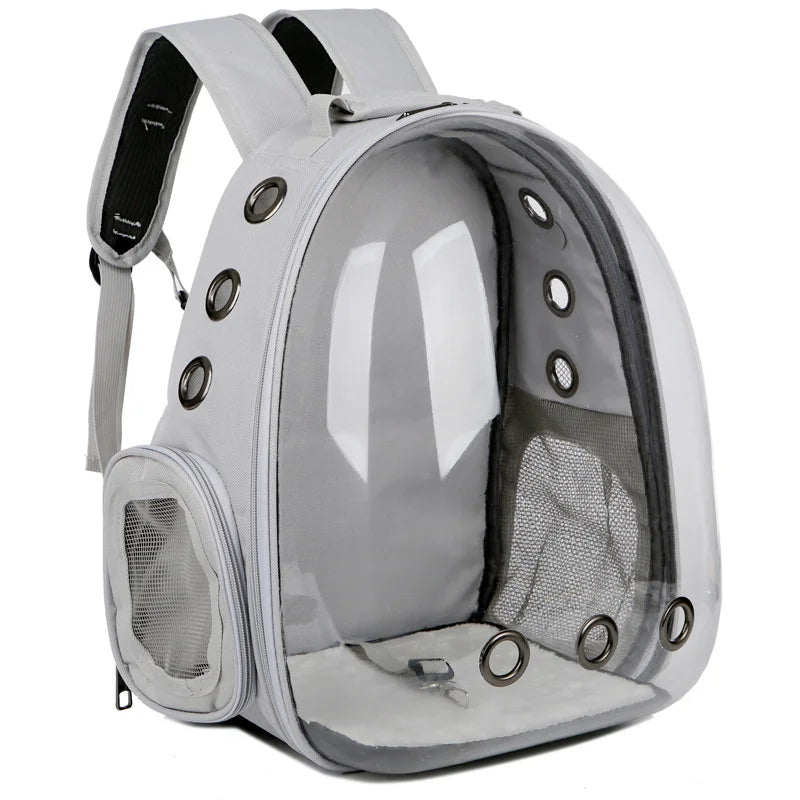 A light gray pet backpack carrier with a transparent front shell and multiple ventilation holes.