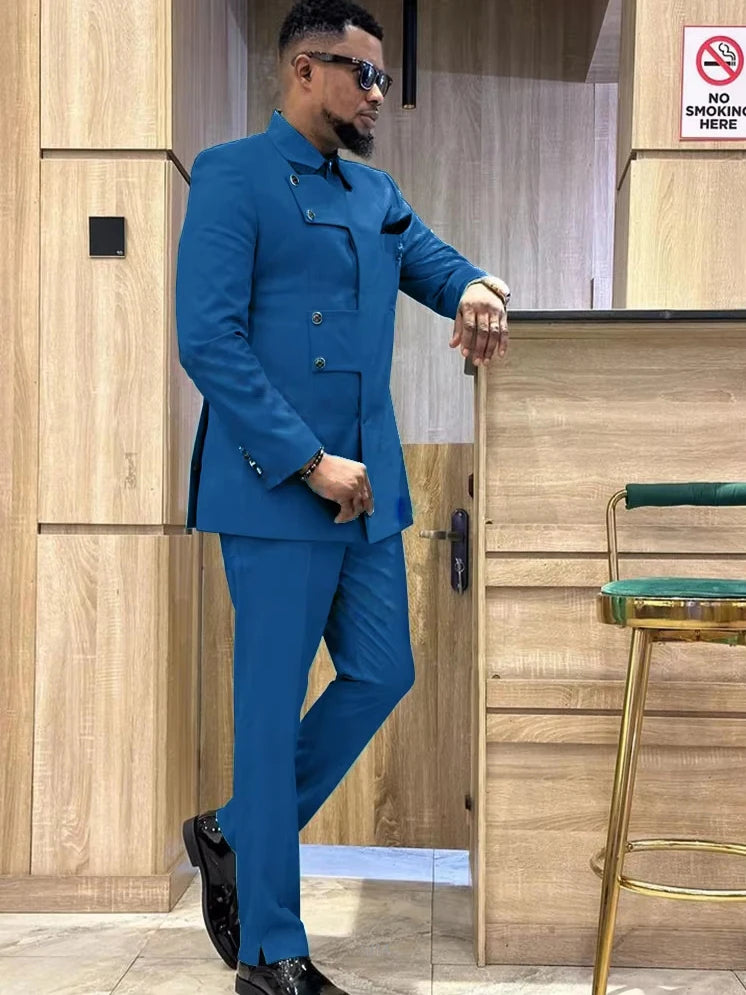 Showlu Men's slim fit Italian style 2-piece suit with single-breasted serge fabric, tailored for a sleek, modern look.