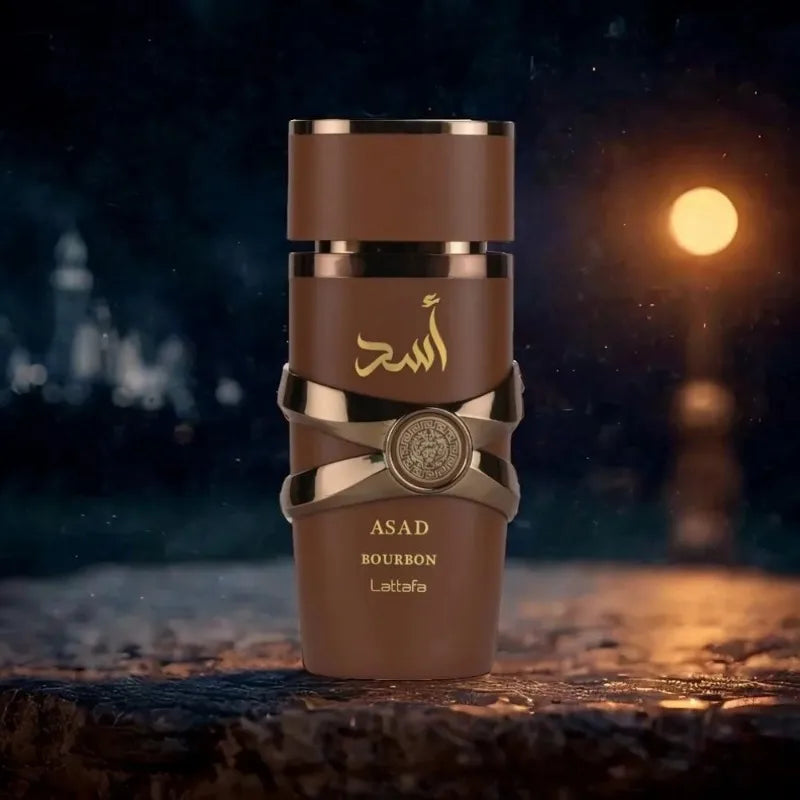 Unisex Lattafa Asad Bourbon Eau De Parfum bottle with fruity notes, 3.4 oz, displayed on a neutral background