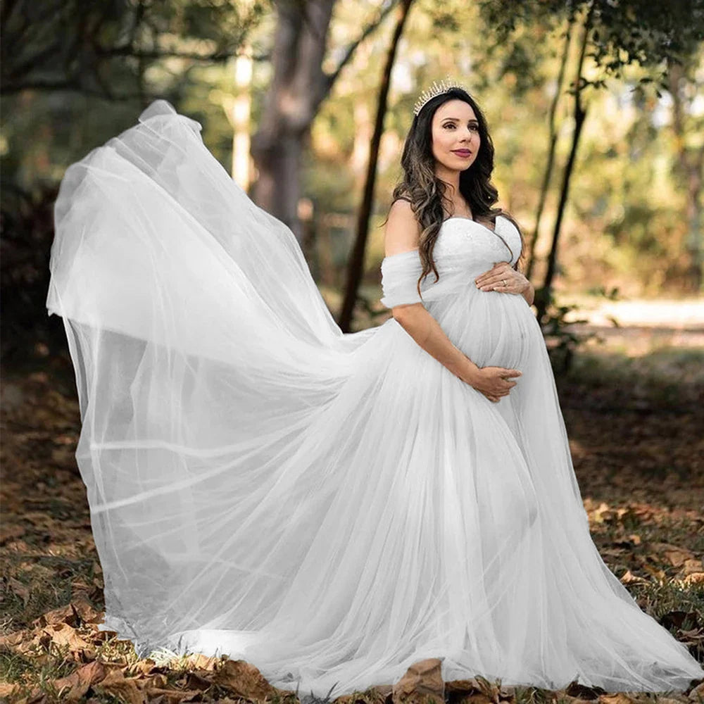 Off-shoulder lace mesh maternity gown by Showlu Fashion Store, perfect for pregnancy photos and special occasions.