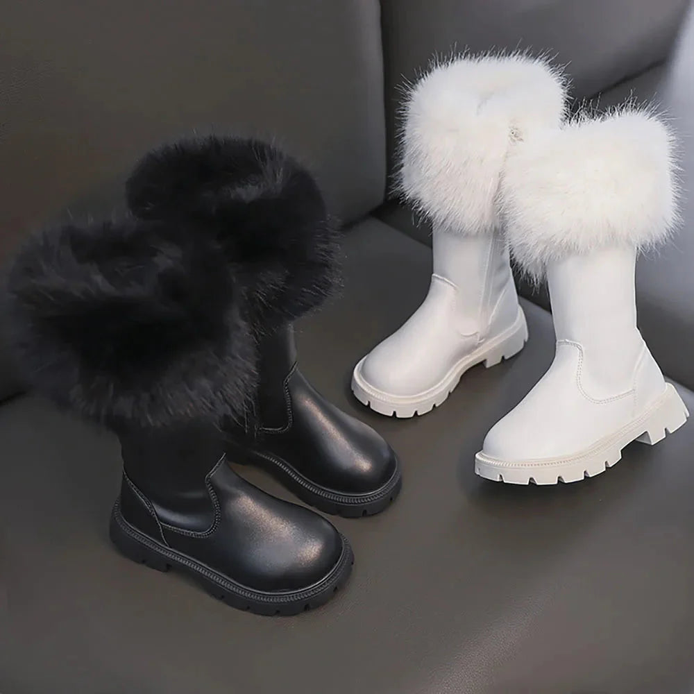 Girls' waterproof snow boots with faux fur lining and mid-calf height, designed for warmth and winter style from SHOWLU FASHION STORE