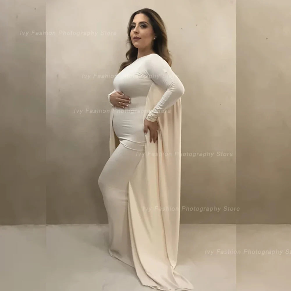 Showlu Maternity photography dress with lace boat neck, bohemian style gown, featuring flowing fabric and elegant design.