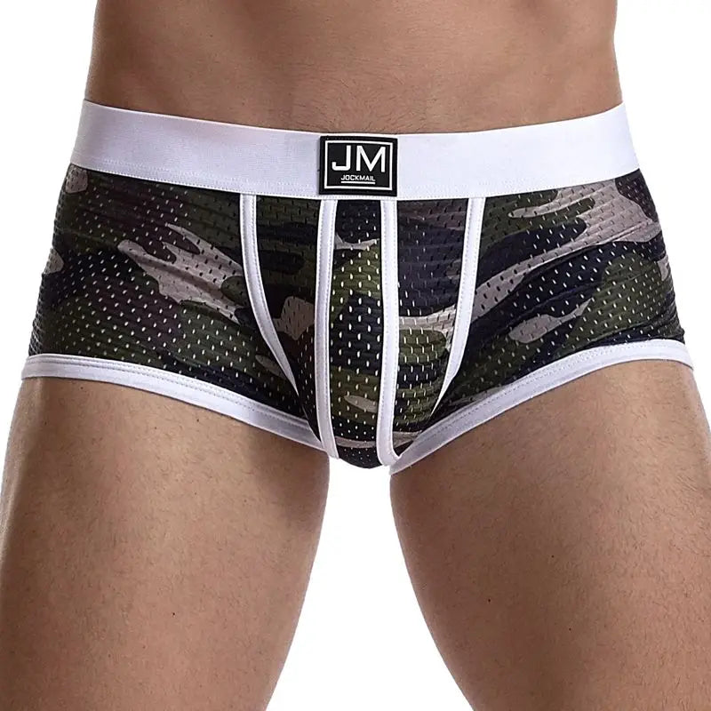 Men's camouflage mesh boxer briefs by JOCKMAIL with nylon pouch, showcasing breathable, fitted underwear style.