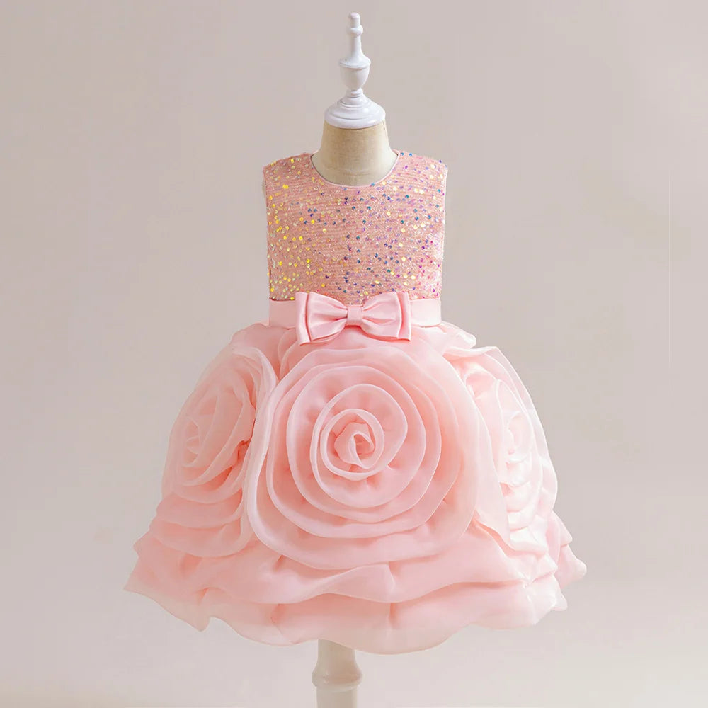 Elegant 3D flower girl dress by Showlu Fashion with sequins, tulle, bow details, suitable for birthday, wedding, or special occasions.