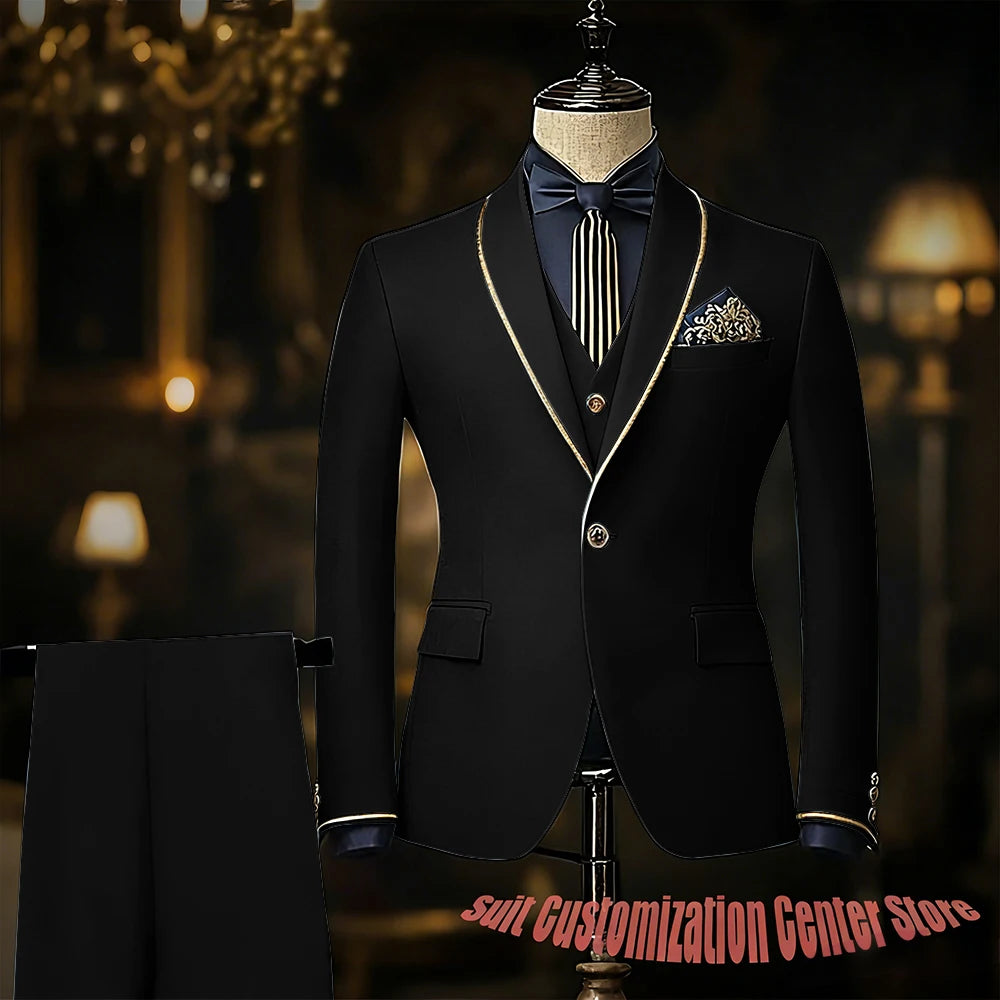 Navy blue men's wedding tuxedo suit with jacket, vest, and pants, slim fit, single-breasted, shawl lapel, groom prom costume