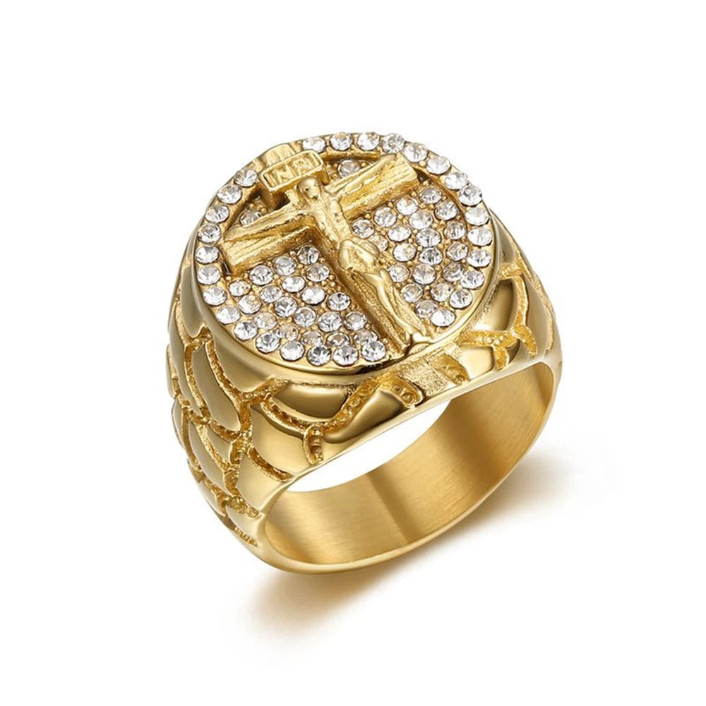 Men's iced out Jesus cross ring in 18k gold plated stainless steel with detailed religious design and sparkling accents.