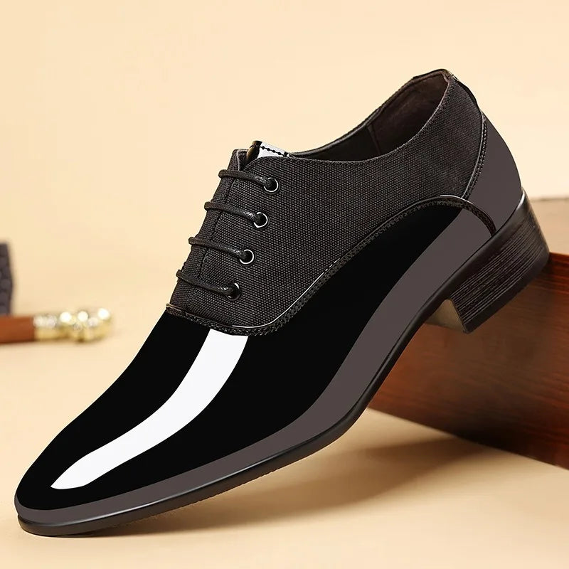 Black men's patent leather Oxford dress shoes with sleek, polished finish, classic formal design from Showlu Fashion Store.