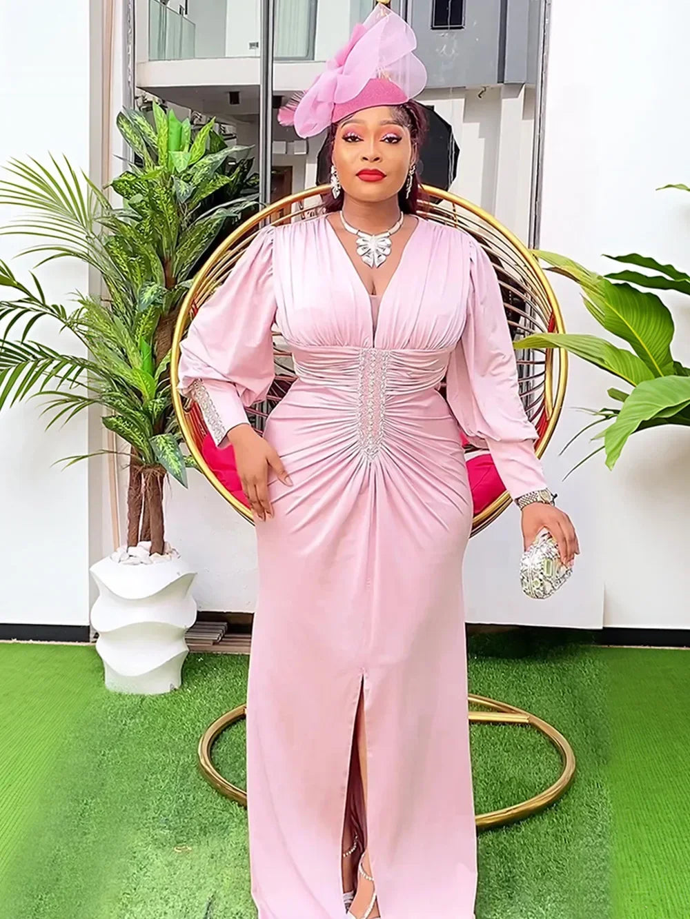 Elegant African party dress for women, plus size satin maxi gown with dashiki and Ankara details, suitable for weddings and special occasions.