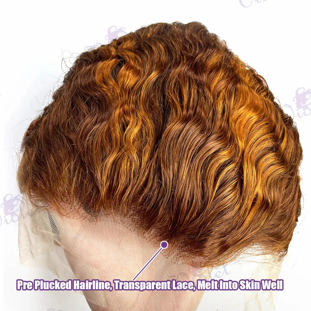 Deep wave lace frontal bob wig in orange ginger color, made from human hair by Mayfive, styled with natural waves and a sleek finish.