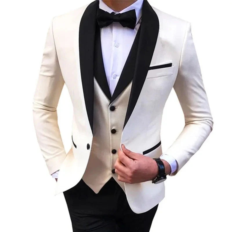 Black men's slim fit tuxedo suit with shawl lapel, 3-piece wedding set, featuring jacket, vest, and trousers by SHOWLU FASHION STORE.