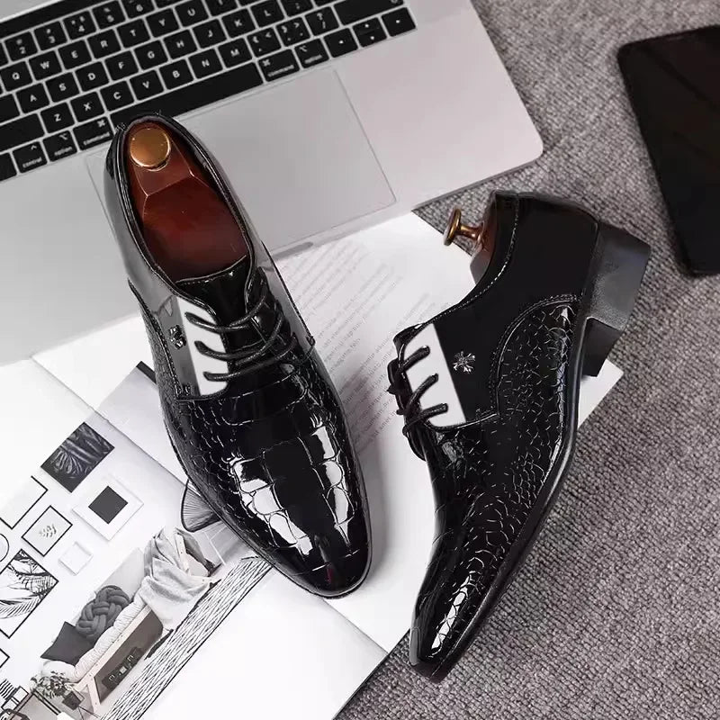 Men's Italian Oxford shoes by Showlu Fashion Store with pointed toe patent leather dress shoes, stylish and polished for formal wear.