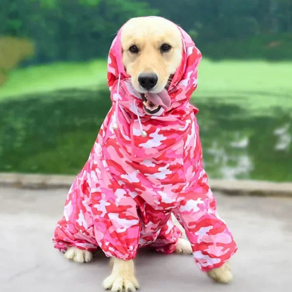 Large dog wearing Showlu waterproof PU leather raincoat hoodie with a poncho style, designed for rain protection and style.