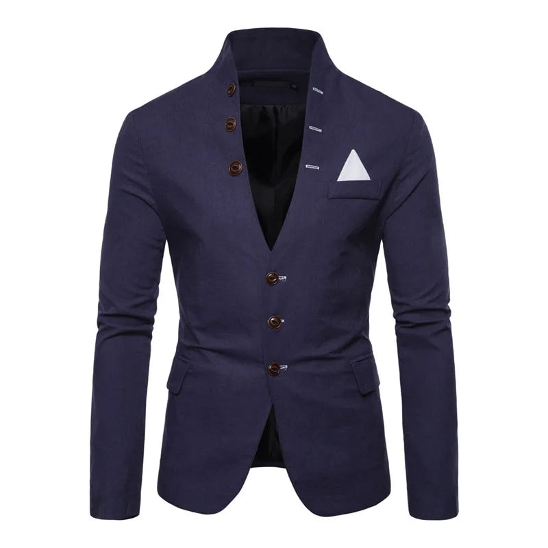 Men's slim fit casual blazer with multi-button details, stand collar, solid color, suitable for fashion, party, or stage occasions.
