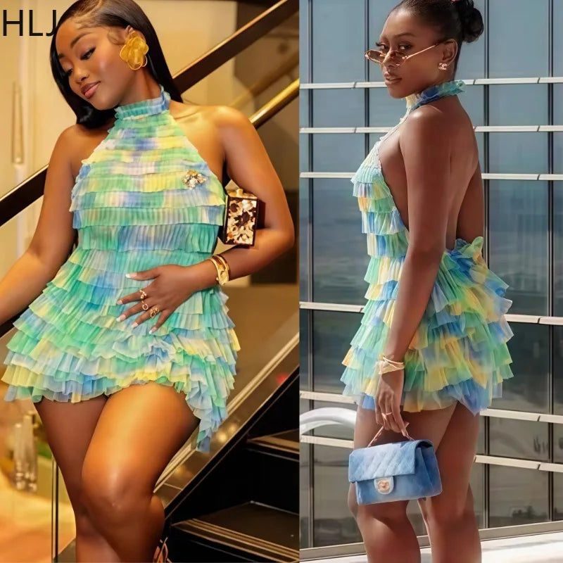 Showlu Fashion women's mesh ruched patchwork bodycon dress with gradient halter design, backless style, perfect for summer streetwear.