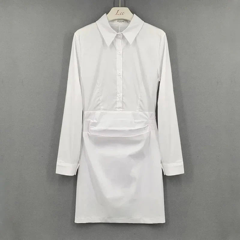 White mini shirt dress for women with slim fit, long sleeves, and A-line silhouette by SHOWLU FASHION STORE