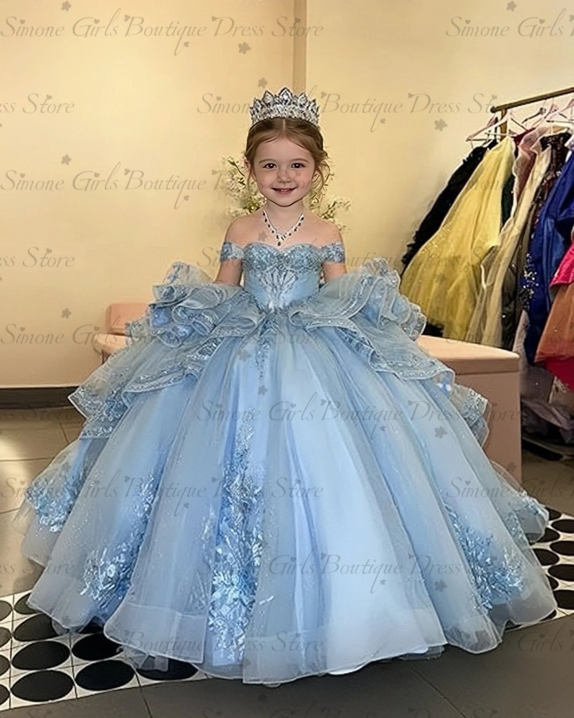 Princess Off Shoulder Flower Girl Dress for Wedding Kids Lace Appliqued Tulle Pageant Dress Customized Birthday Party Ball Gown