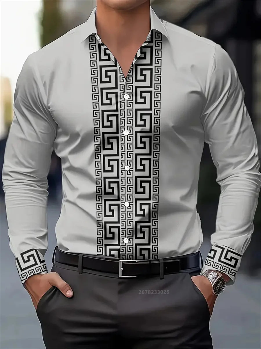 Men's patterned long-sleeved shirt with lapel buttons, casual and comfortable men's top by Showlu Fashion Store.
