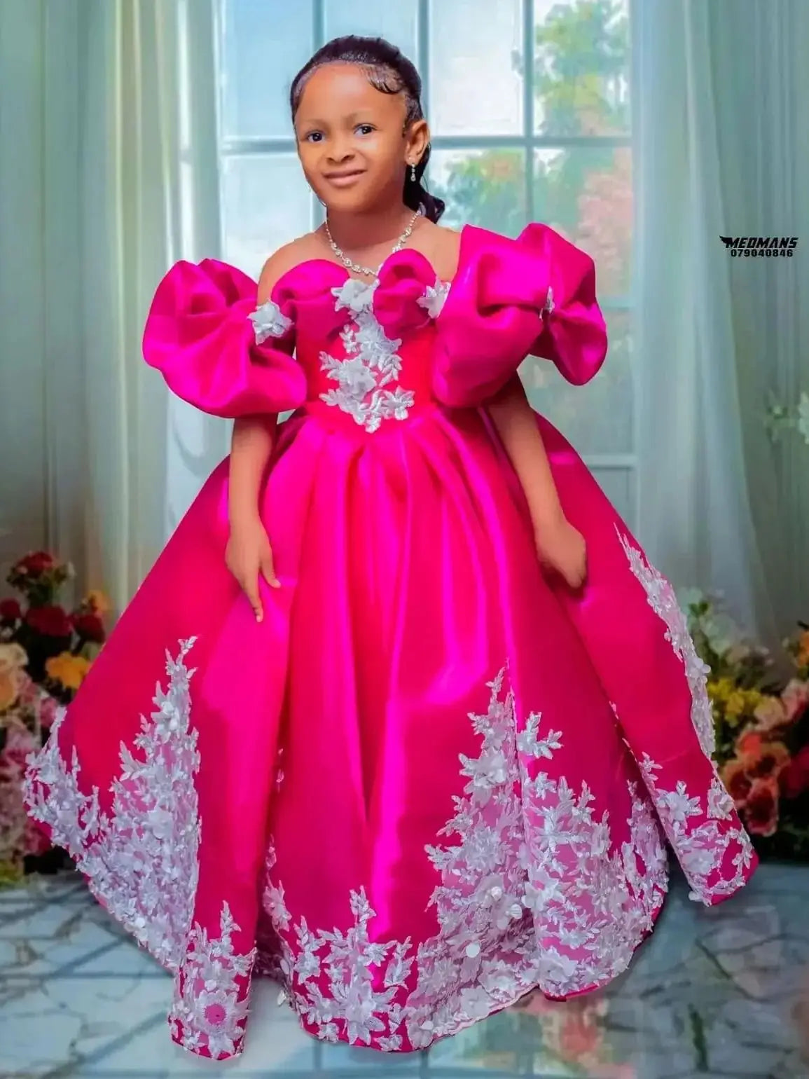 Hot Pink Custom Satin Flower Girl Dress for Wedding Lace Appliqued Floor Lenght Kids Birthday Party First Communion Ball Gown