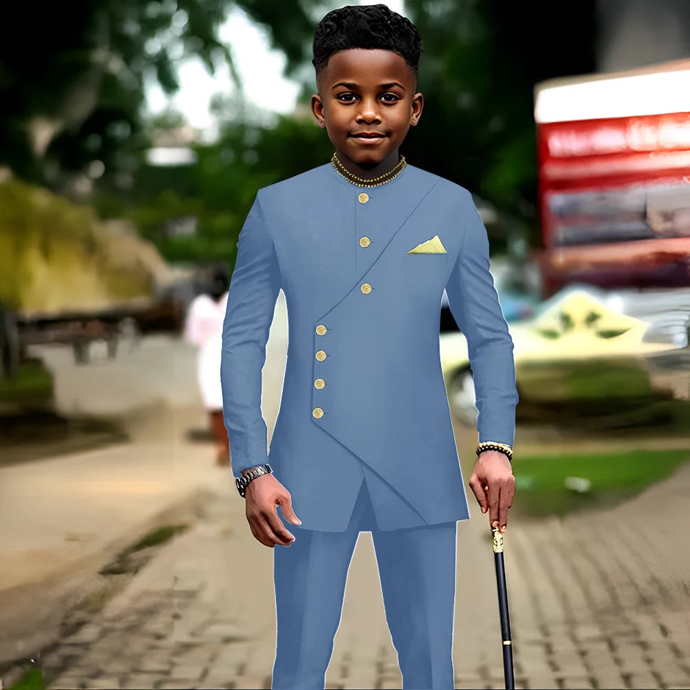 African boys' 2-piece suit with jacket and pants, suitable for parties and weddings, in age 2-16 years, by Showlu Fashion Store.