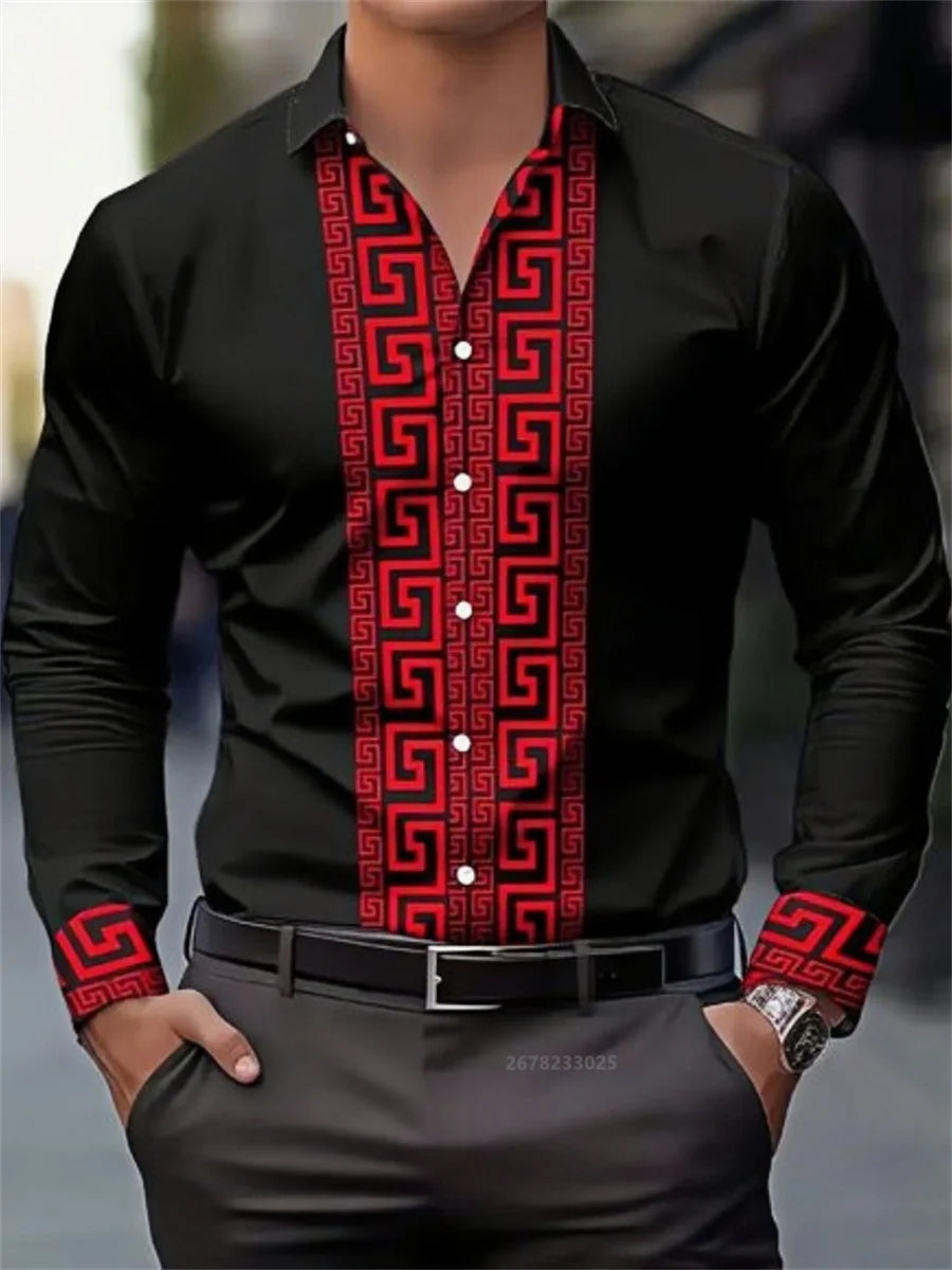 Men's long-sleeved patterned shirt from Showlu Fashion Store with lapel collar, casual button-down style, comfortable and versatile top.
