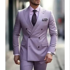 Lilac Men's Suits Solid 2 Pcs Wedding Daily Business Formal Men Suits Tailored Silm Fit Double Breasted 6 Buttons (Blazer+Pants)