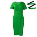 SHOWLU Women's V-Neck Short Sleeve Summer Dress in solid color, pencil style, lightweight and casual for warm-weather wear.
